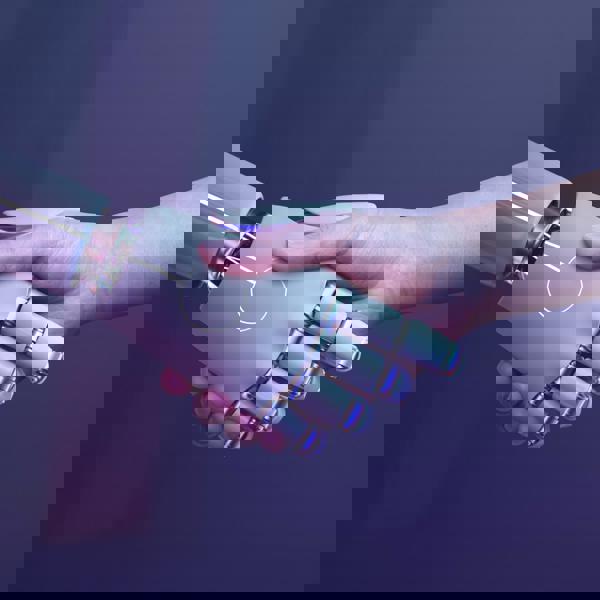 Menschlicher Hintergrund Des Roboterhandschlags Futuristisches Digitales Zeitalter (1)